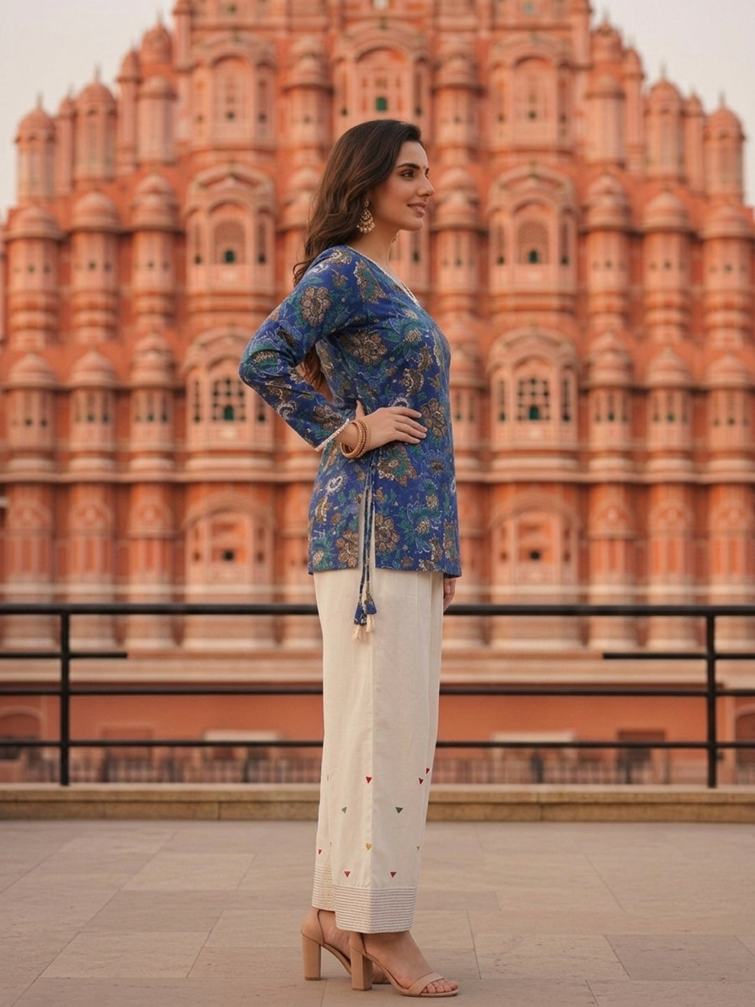 Floral Printed A-Line Fitted Kurta with Salwar - Blue