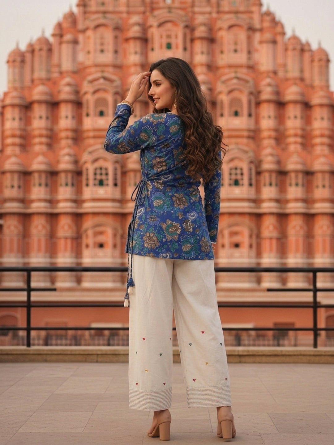 Floral Printed A-Line Fitted Kurta with Salwar - Blue