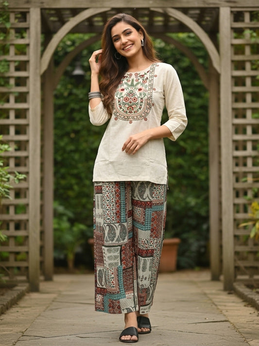 Solid Thread & Mirror Embroidered A-Line Kurta with Printed Palazzo - Off White