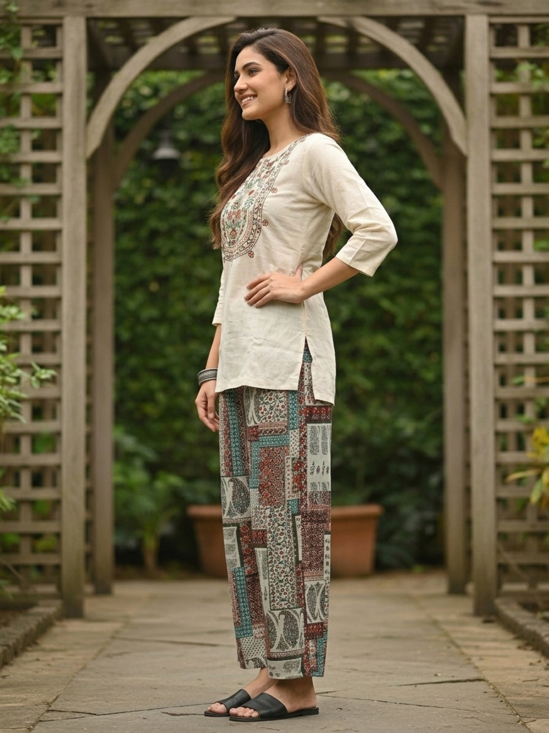 Solid Thread & Mirror Embroidered A-Line Kurta with Printed Palazzo - Off White
