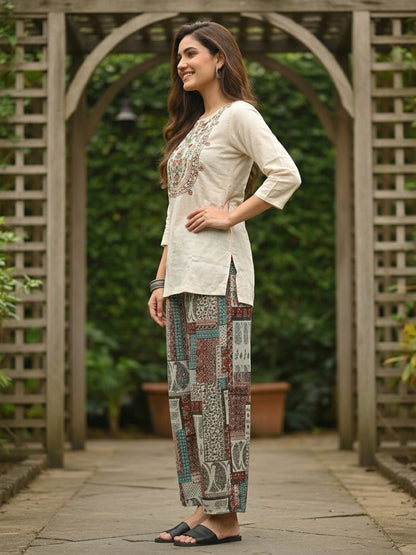 Solid Thread & Mirror Embroidered A-Line Kurta with Printed Palazzo - Off White