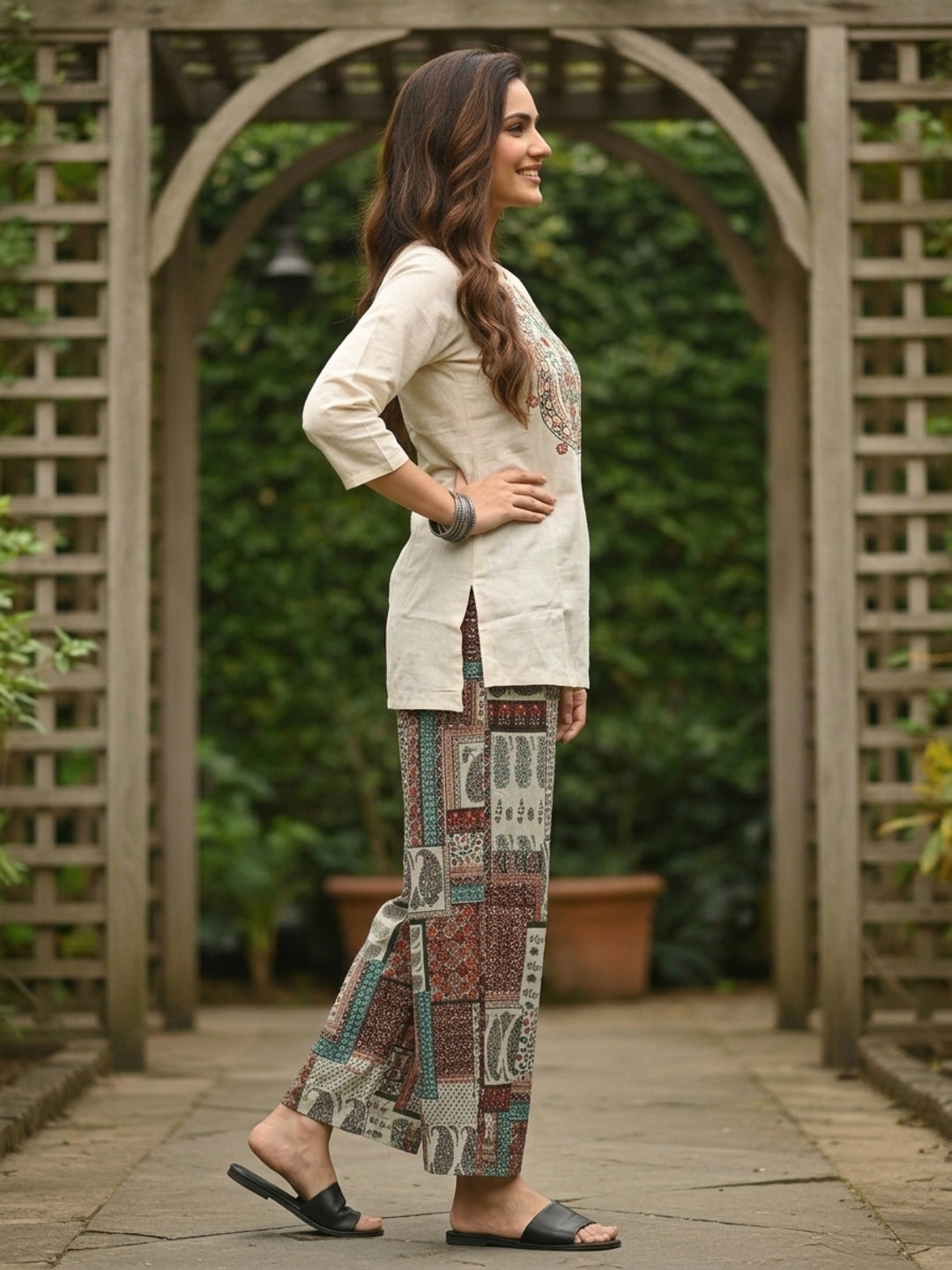 Solid Thread & Mirror Embroidered A-Line Kurta with Printed Palazzo - Off White