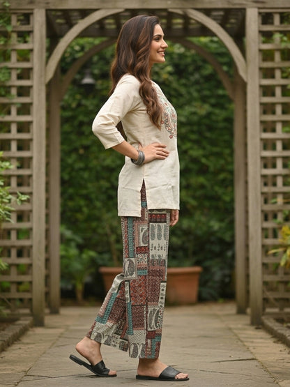 Solid Thread & Mirror Embroidered A-Line Kurta with Printed Palazzo - Off White