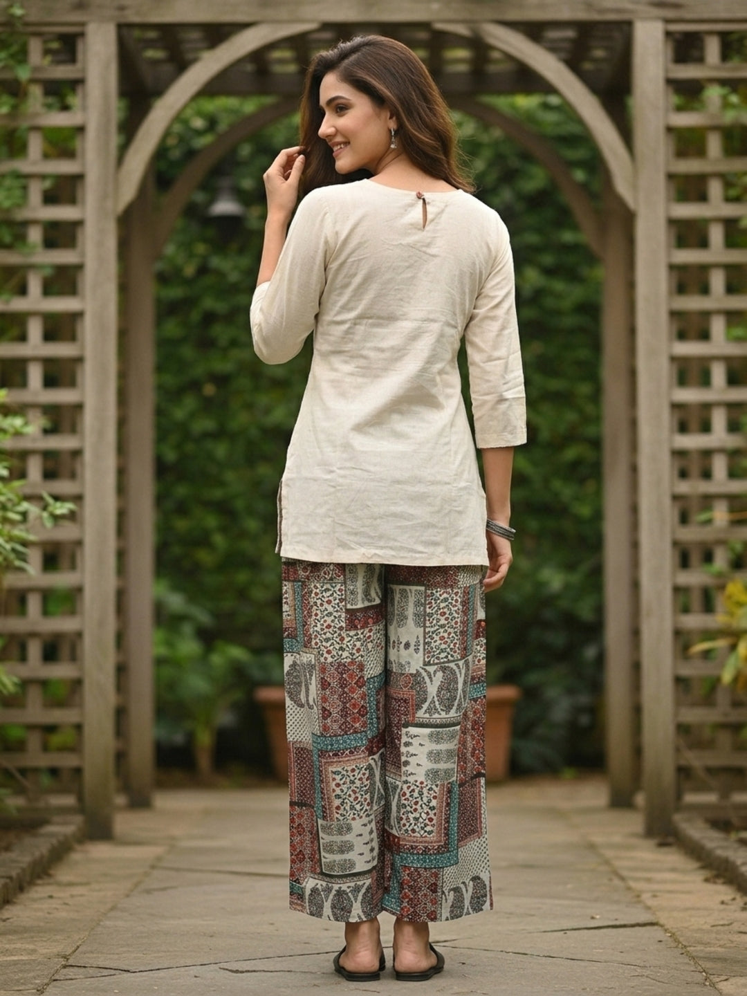 Solid Thread & Mirror Embroidered A-Line Kurta with Printed Palazzo - Off White