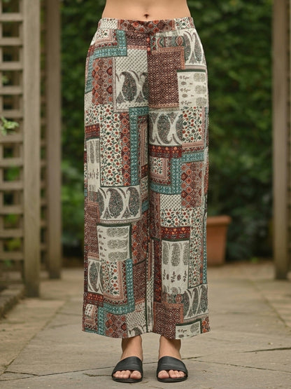 Solid Thread & Mirror Embroidered A-Line Kurta with Printed Palazzo - Off White