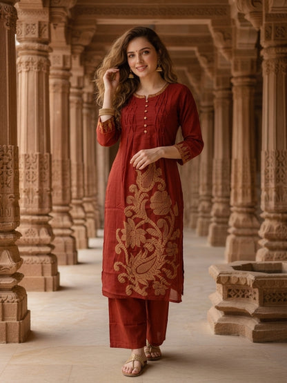 Solid Cross Stitch Embroidered A-Line Kurta with Palazzo - Maroon