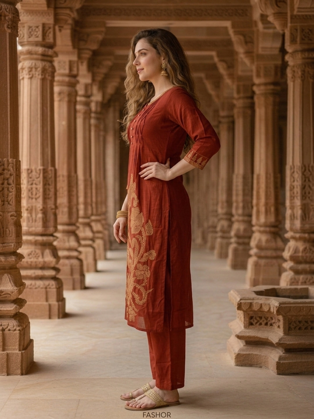 Solid Cross Stitch Embroidered A-Line Kurta with Palazzo - Maroon