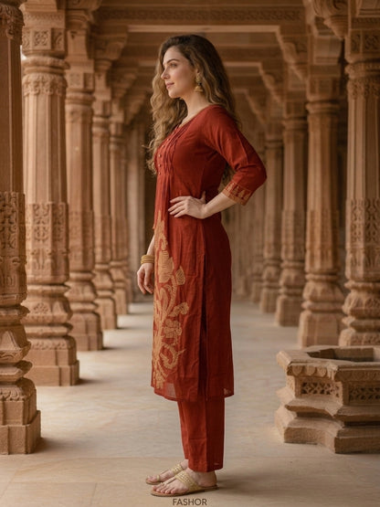 Solid Cross Stitch Embroidered A-Line Kurta with Palazzo - Maroon