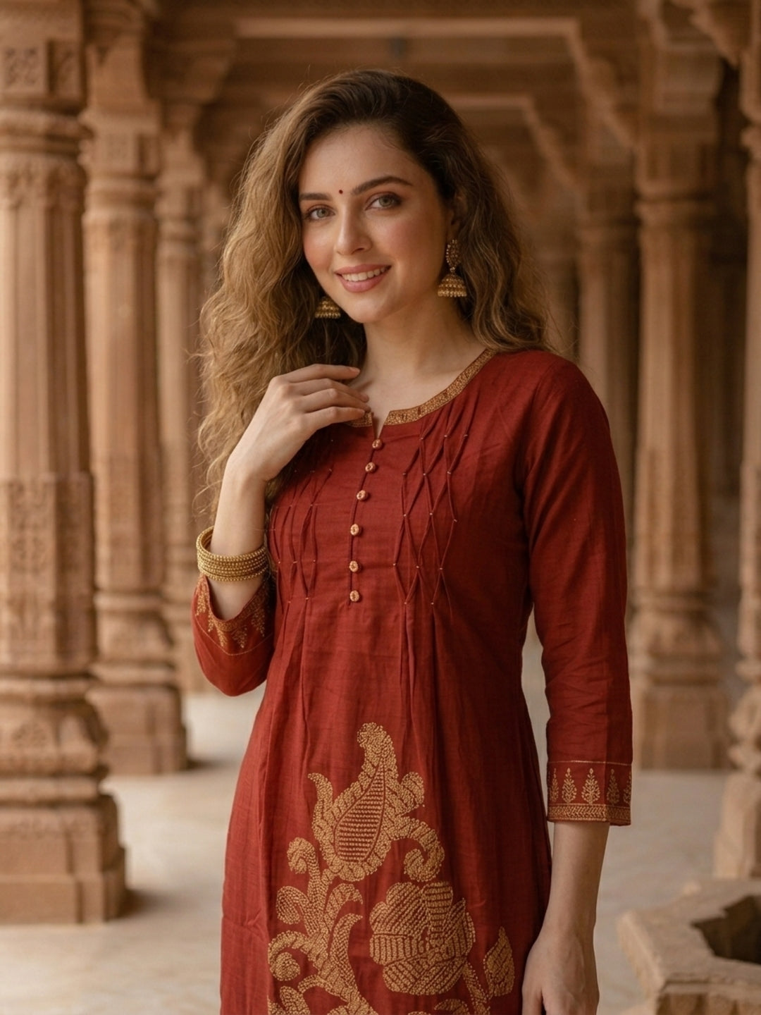 Solid Cross Stitch Embroidered A-Line Kurta with Palazzo - Maroon