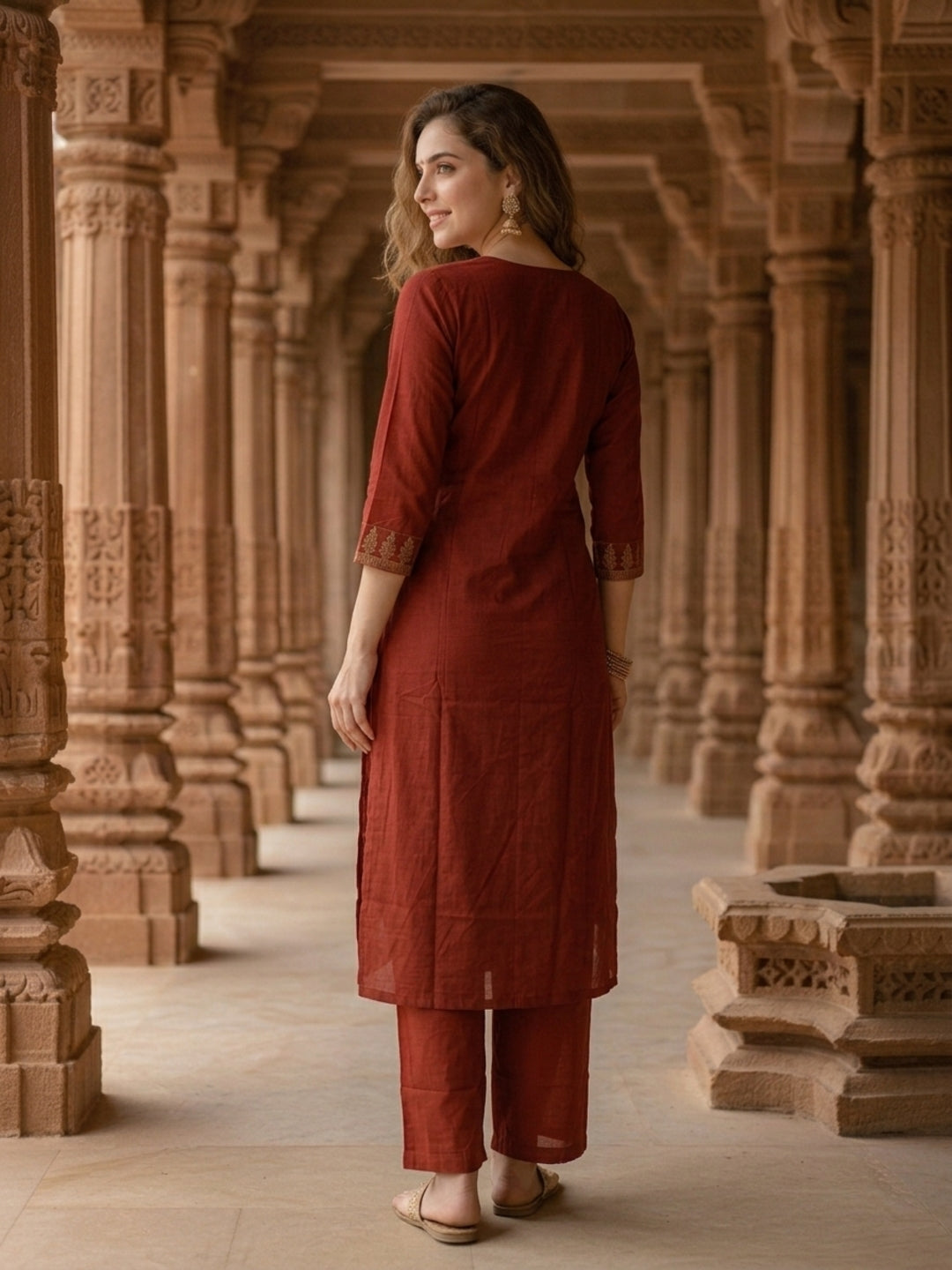 Solid Cross Stitch Embroidered A-Line Kurta with Palazzo - Maroon