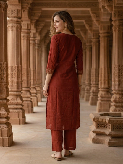 Solid Cross Stitch Embroidered A-Line Kurta with Palazzo - Maroon