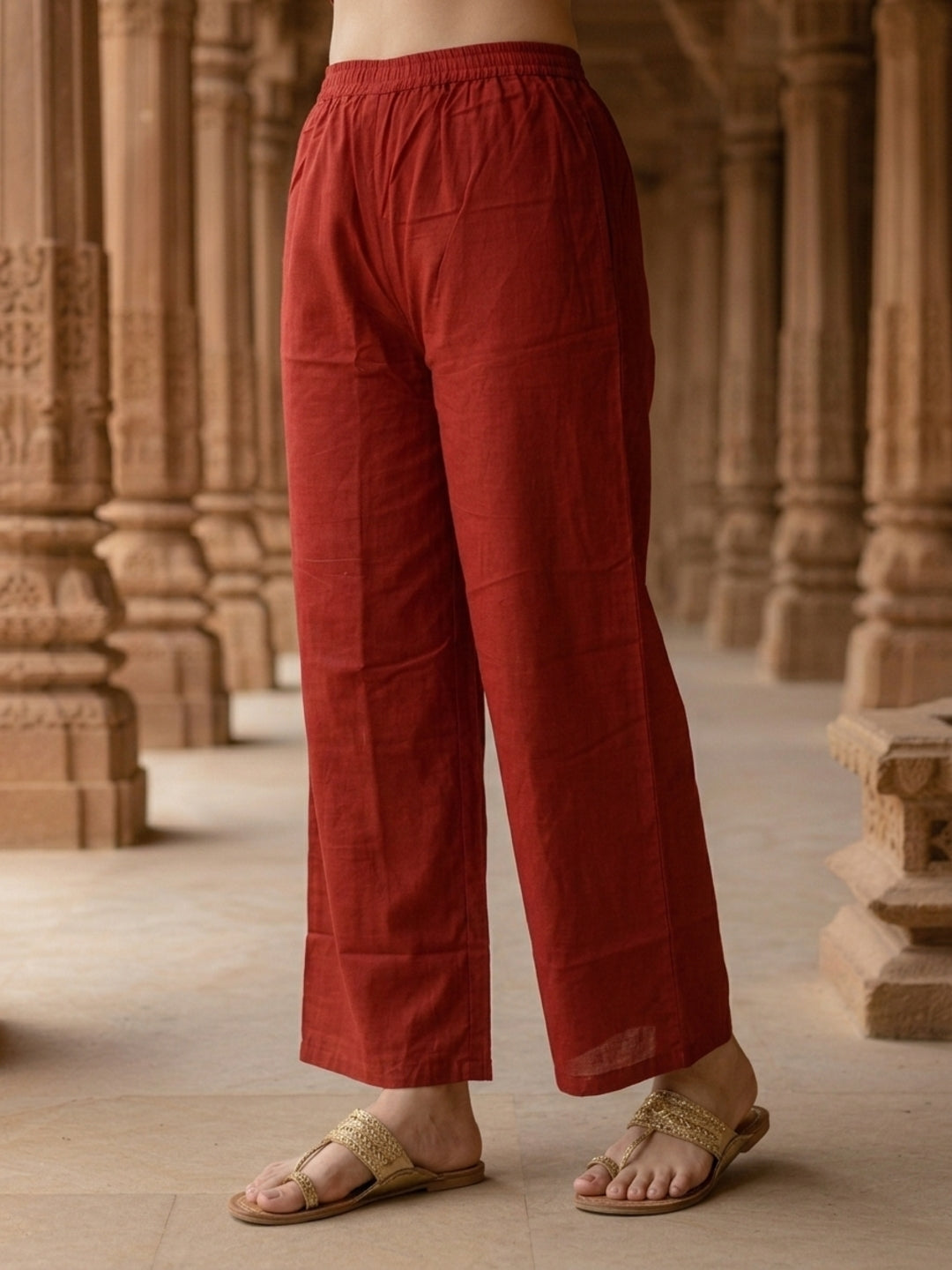 Solid Cross Stitch Embroidered A-Line Kurta with Palazzo - Maroon