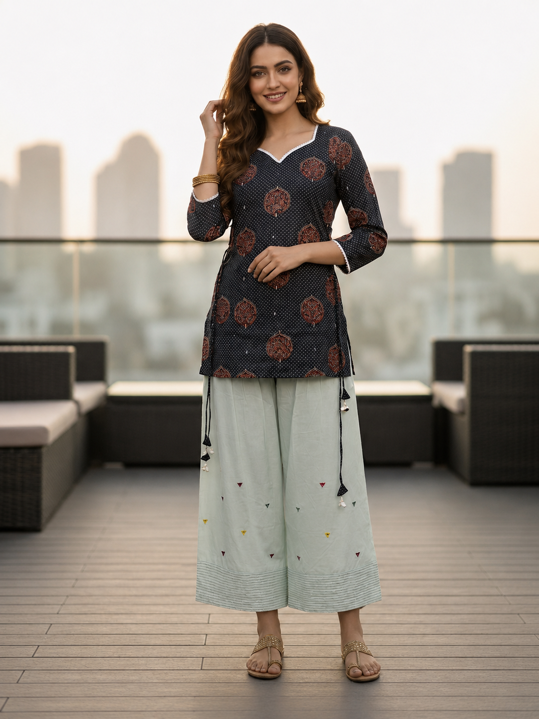 Floral Printed A-Line Fitted Kurta with Salwar - Black