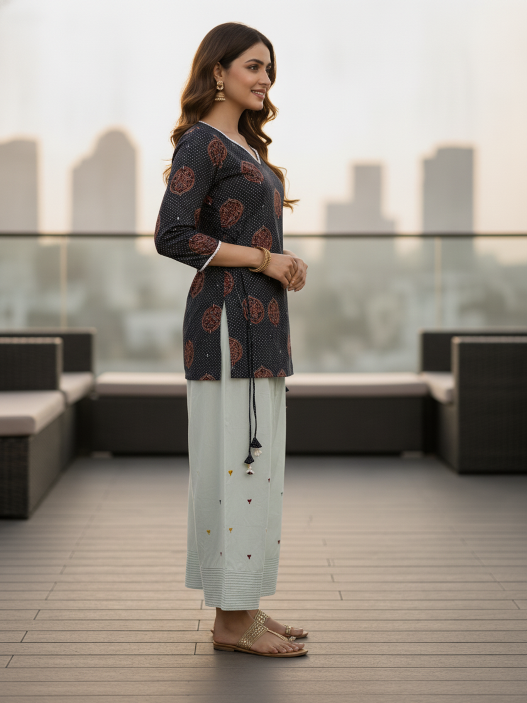 Floral Printed A-Line Fitted Kurta with Salwar - Black