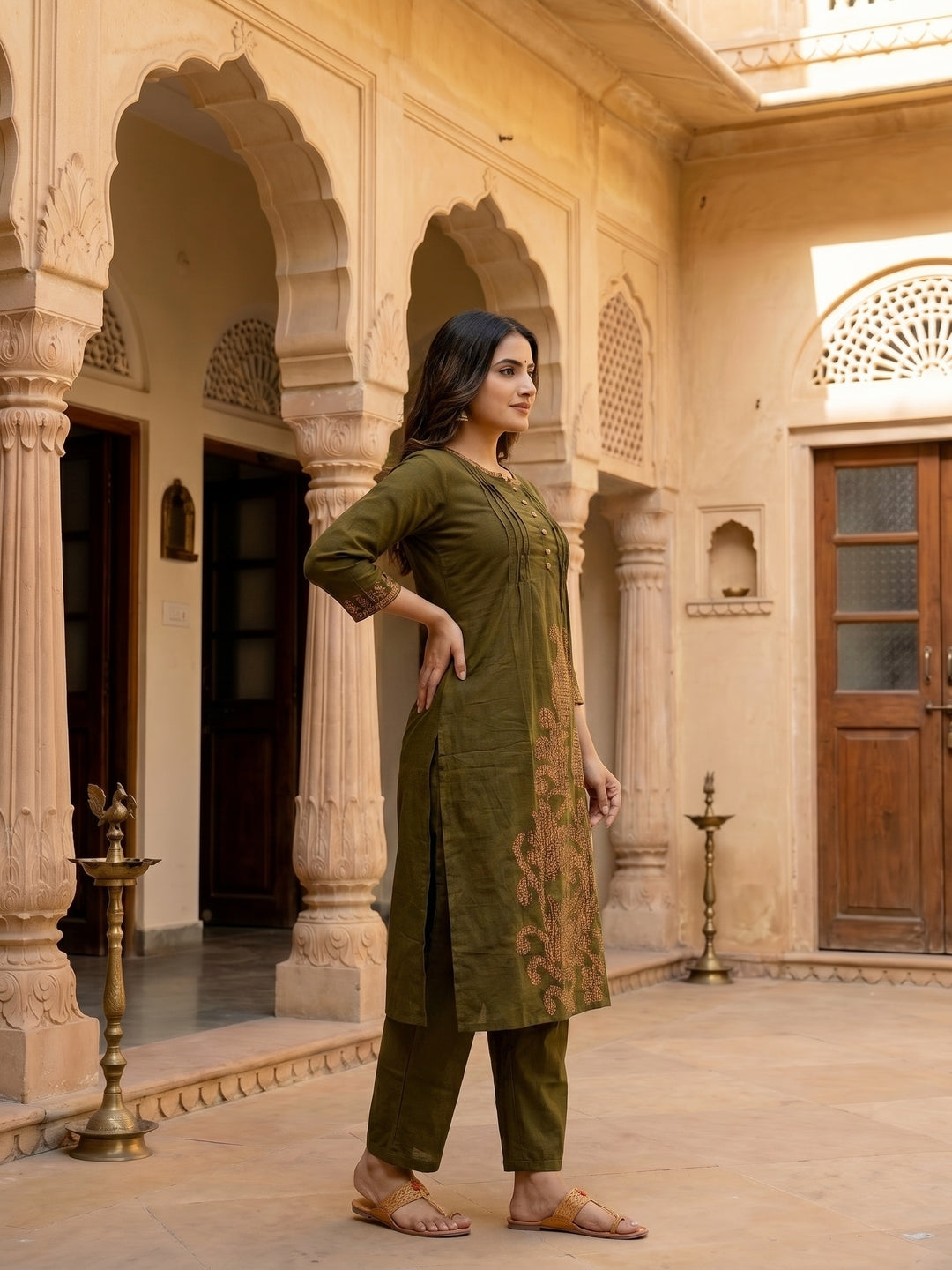 Solid Cross Stitch Embroidered A-Line Kurta with Palazzo - Olive Green
