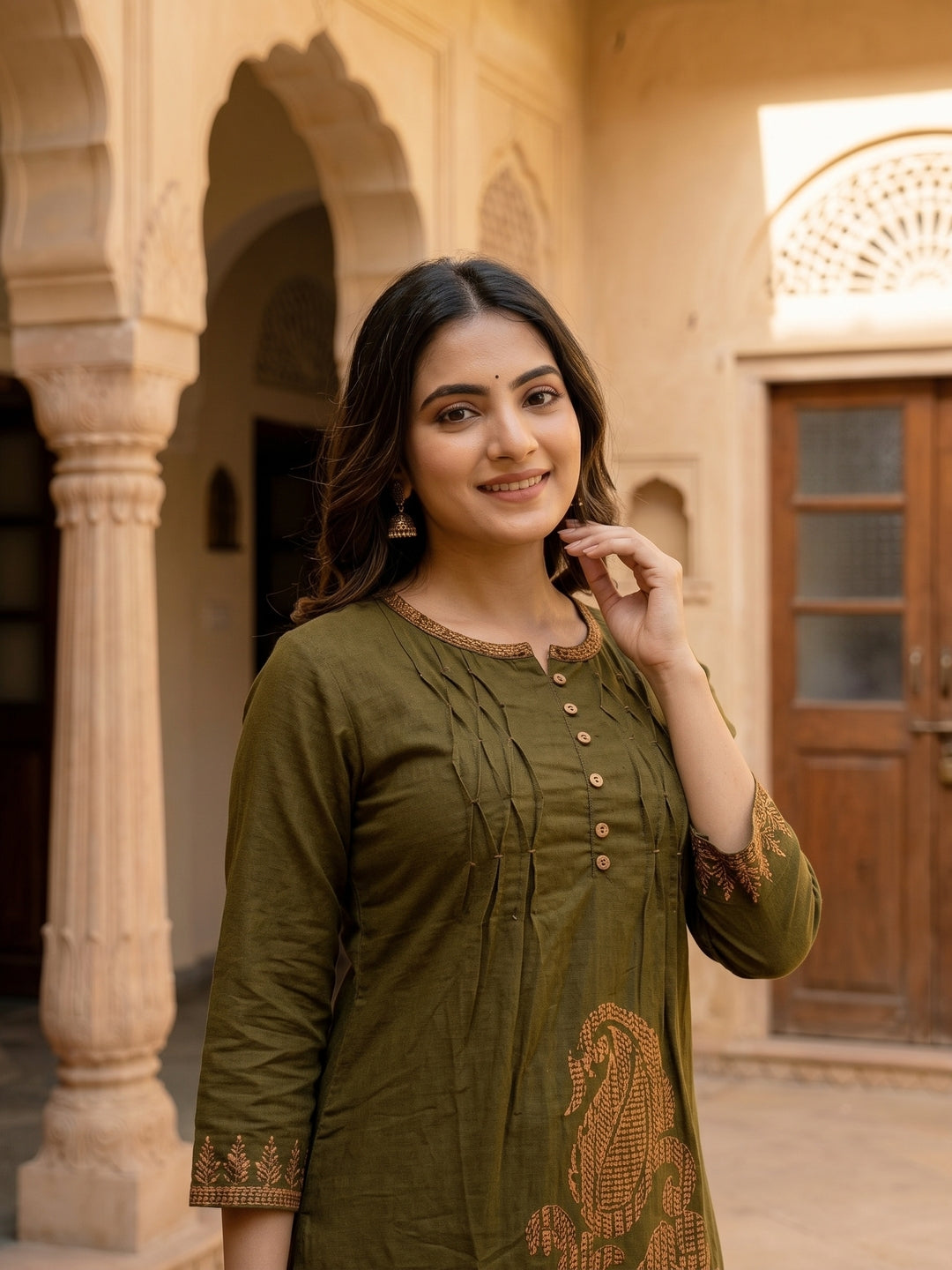 Solid Cross Stitch Embroidered A-Line Kurta with Palazzo - Olive Green