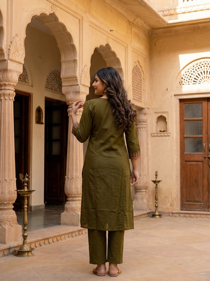 Solid Cross Stitch Embroidered A-Line Kurta with Palazzo - Olive Green