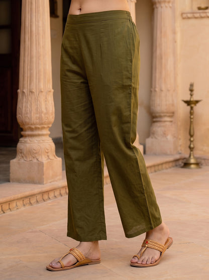 Solid Cross Stitch Embroidered A-Line Kurta with Palazzo - Olive Green