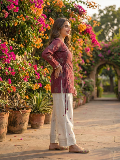 Floral Printed A-Line Fitted Kurta with Salwar - Burgundy