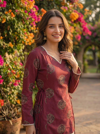 Floral Printed A-Line Fitted Kurta with Salwar - Burgundy