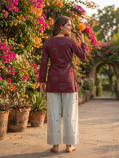 Floral Printed A-Line Fitted Kurta with Salwar - Burgundy