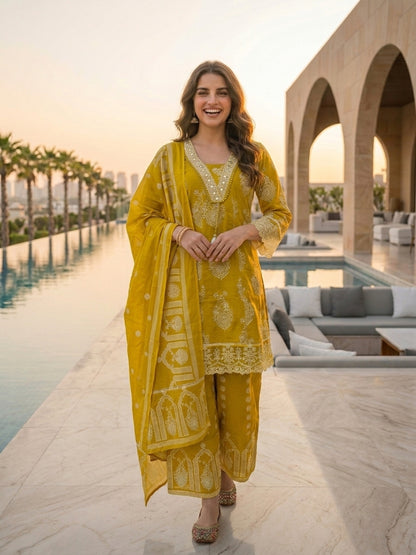 Ethnic Printed Mirror Work Anarkali with Palazzo and Dupatta - Mustard