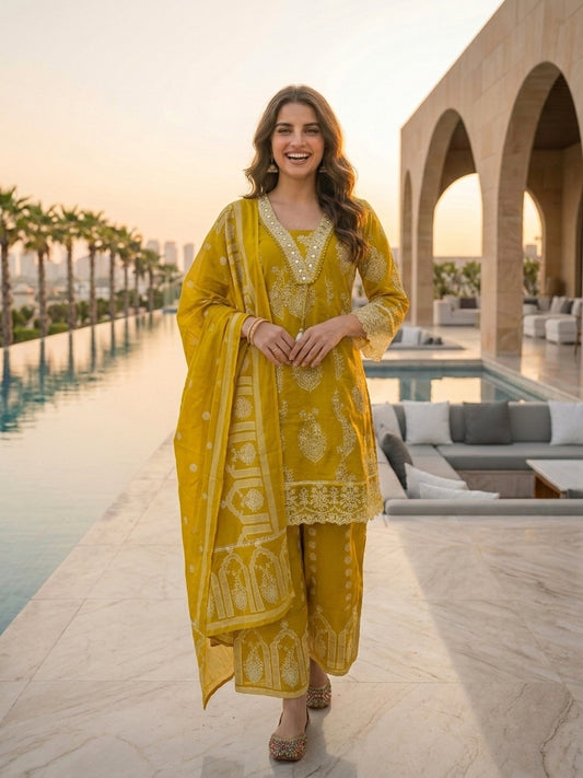 Ethnic Printed Mirror Work Anarkali with Palazzo and Dupatta - Mustard