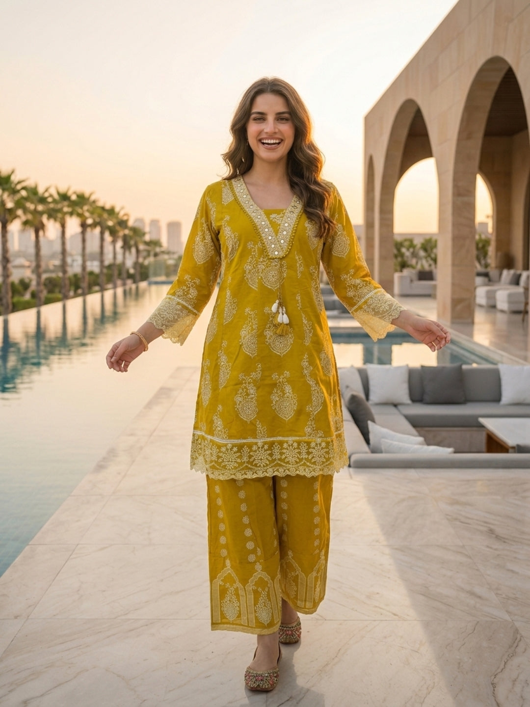 Ethnic Printed Mirror Work Anarkali with Palazzo and Dupatta - Mustard