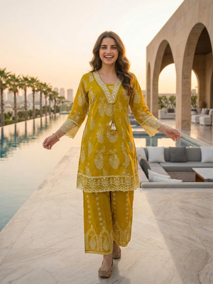 Ethnic Printed Mirror Work Anarkali with Palazzo and Dupatta - Mustard