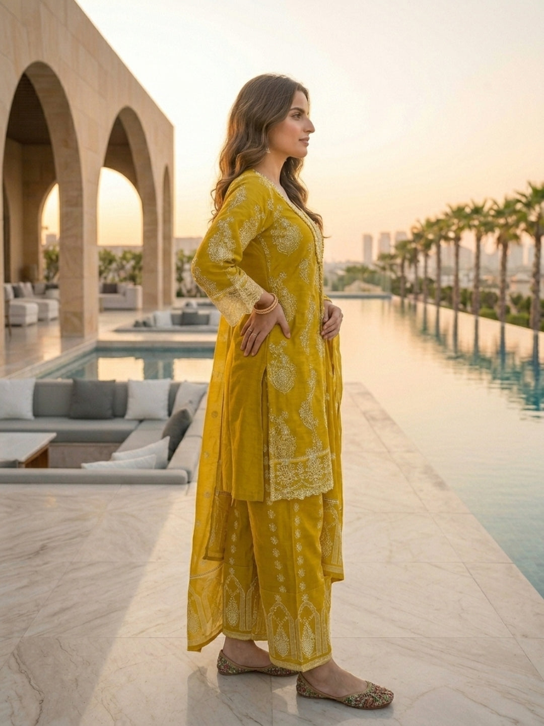 Ethnic Printed Mirror Work Anarkali with Palazzo and Dupatta - Mustard