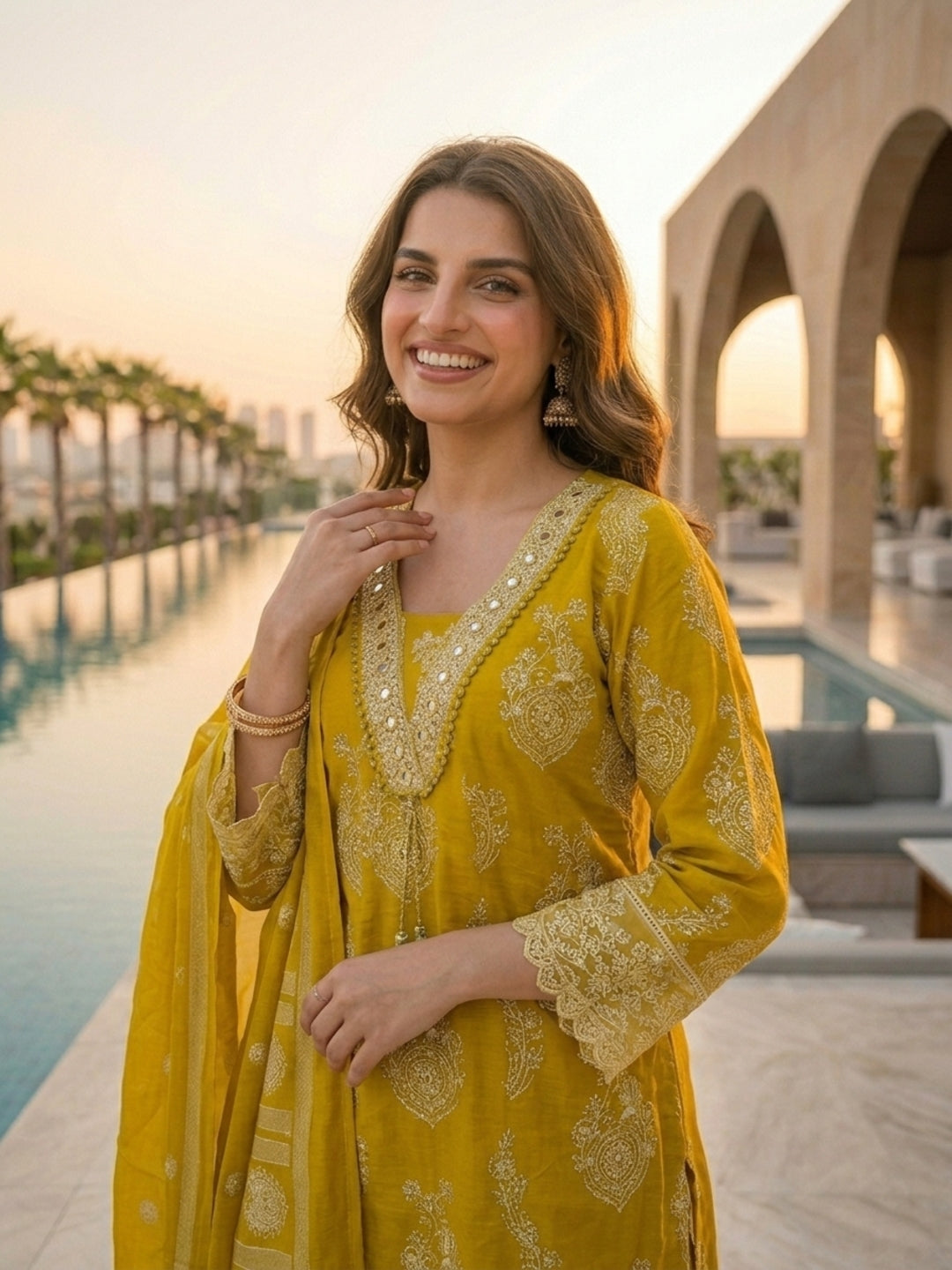 Ethnic Printed Mirror Work Anarkali with Palazzo and Dupatta - Mustard