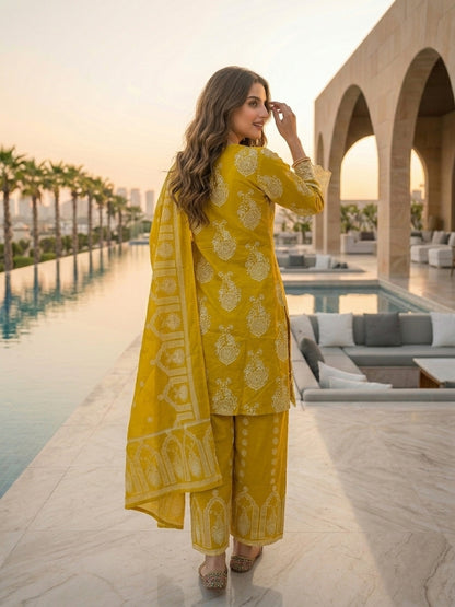 Ethnic Printed Mirror Work Anarkali with Palazzo and Dupatta - Mustard