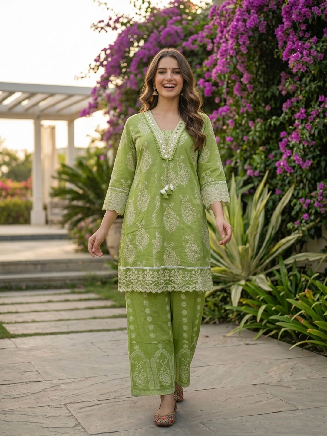 Ethnic Printed Mirror Work Anarkali with Palazzo and Dupatta - Green