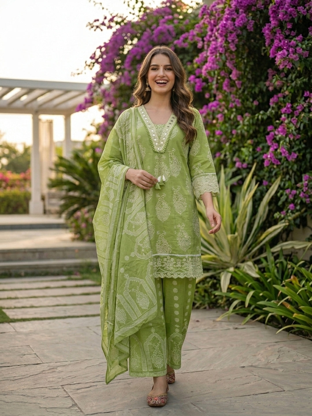 Ethnic Printed Mirror Work Anarkali with Palazzo and Dupatta - Green