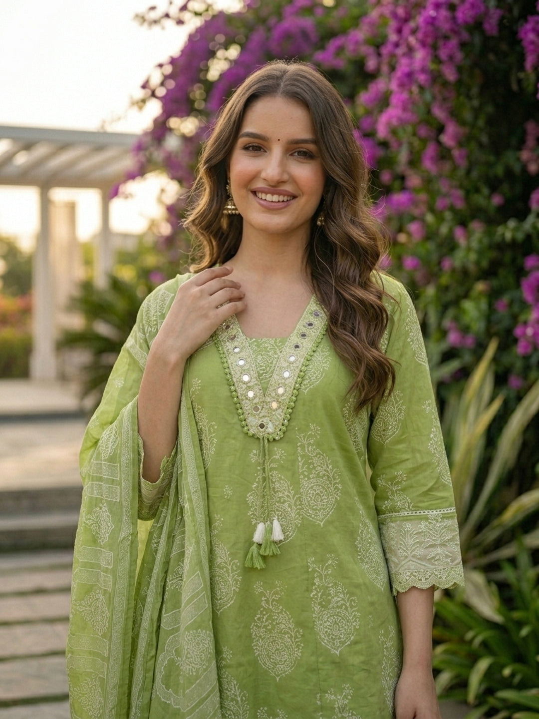 Ethnic Printed Mirror Work Anarkali with Palazzo and Dupatta - Green