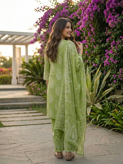 Ethnic Printed Mirror Work Anarkali with Palazzo and Dupatta - Green