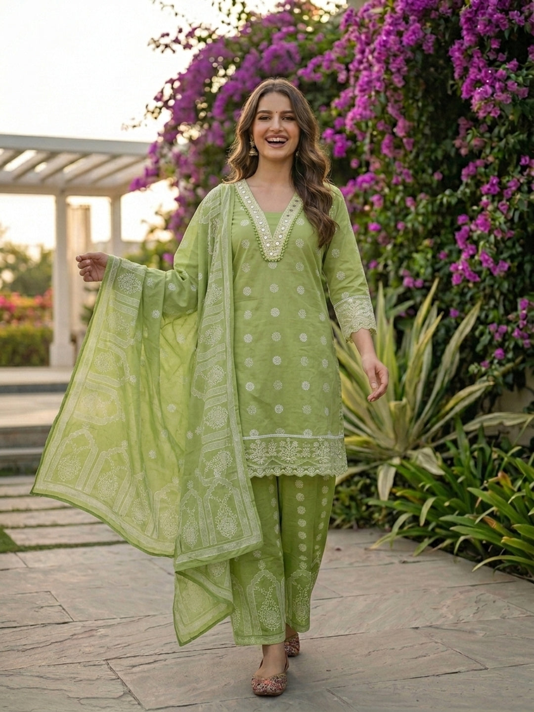 Ethnic Printed Mirror Work Anarkali with Palazzo and Dupatta - Green