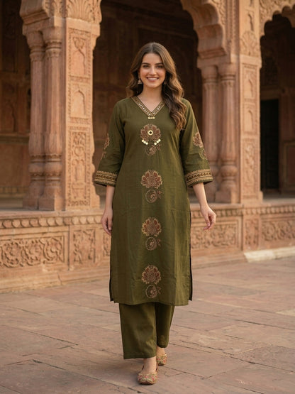 Ethnic Printed Embroidered A-Line Kurta with Palazzo and Dupatta - Olive Green