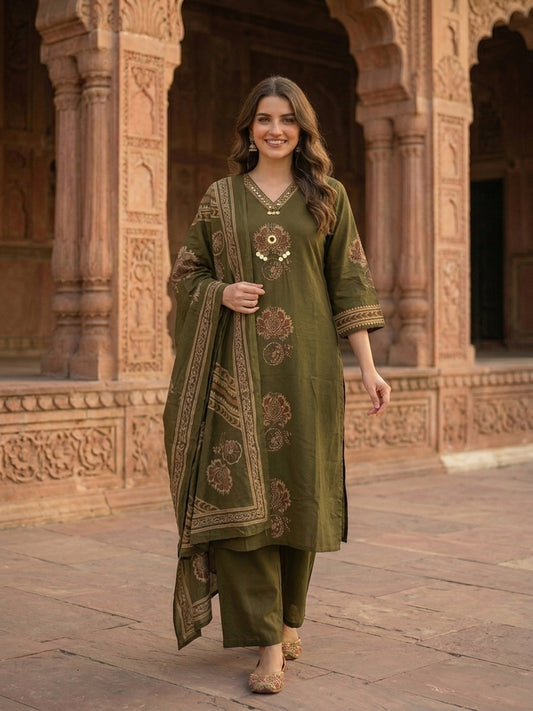 Ethnic Printed Embroidered A-Line Kurta with Palazzo and Dupatta - Olive Green