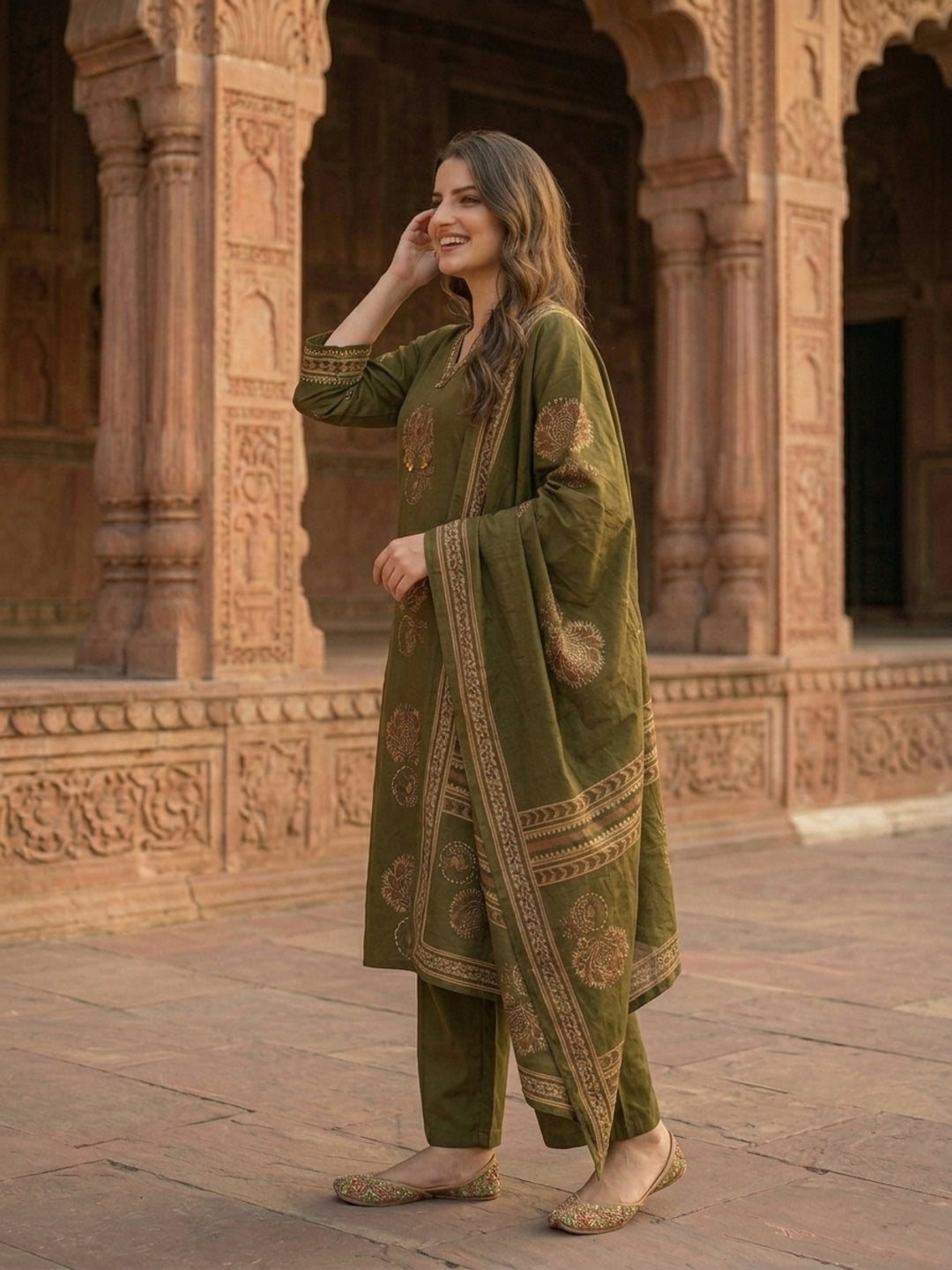 Ethnic Printed Embroidered A-Line Kurta with Palazzo and Dupatta - Olive Green