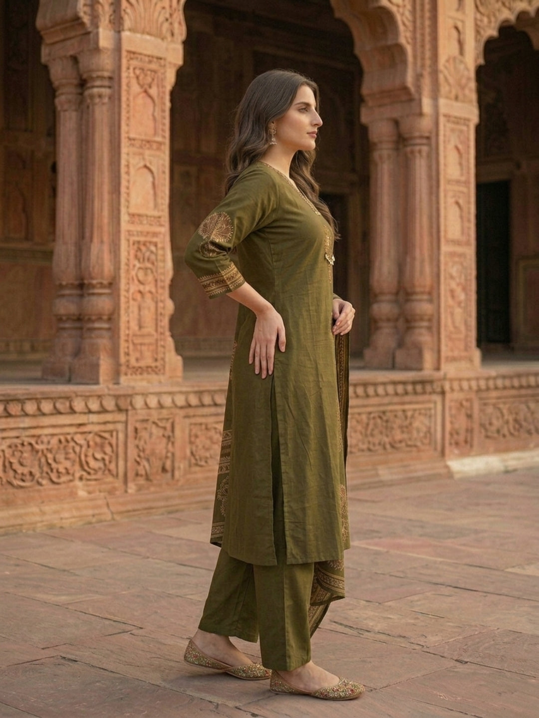 Ethnic Printed Embroidered A-Line Kurta with Palazzo and Dupatta - Olive Green