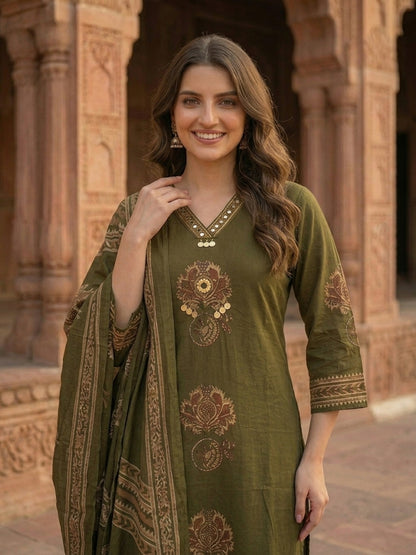 Ethnic Printed Embroidered A-Line Kurta with Palazzo and Dupatta - Olive Green