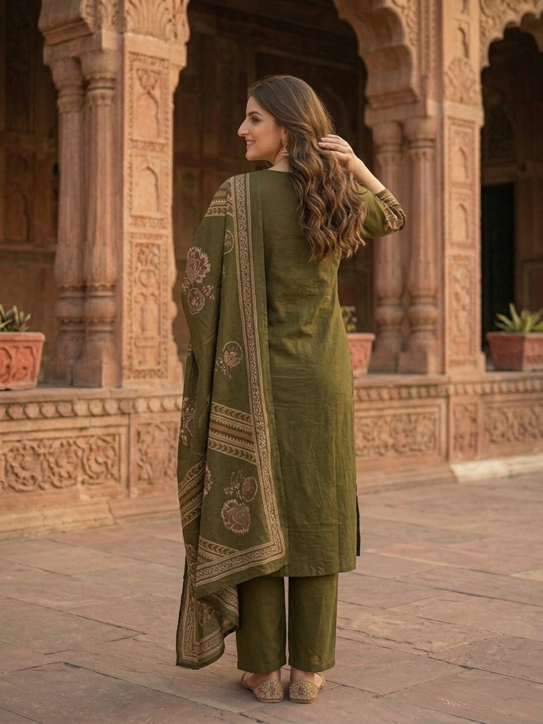Ethnic Printed Embroidered A-Line Kurta with Palazzo and Dupatta - Olive Green