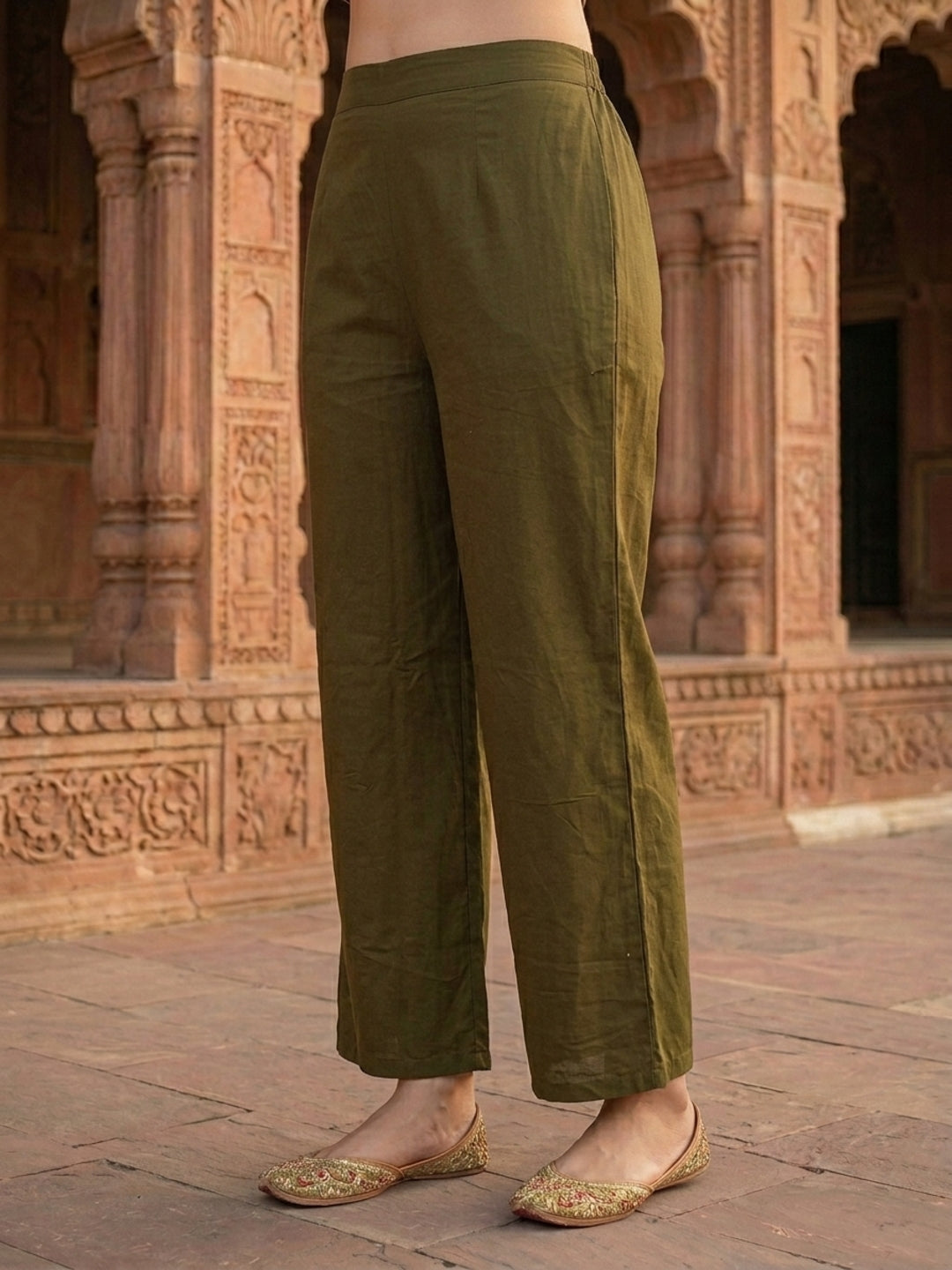Ethnic Printed Embroidered A-Line Kurta with Palazzo and Dupatta - Olive Green