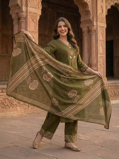 Ethnic Printed Embroidered A-Line Kurta with Palazzo and Dupatta - Olive Green