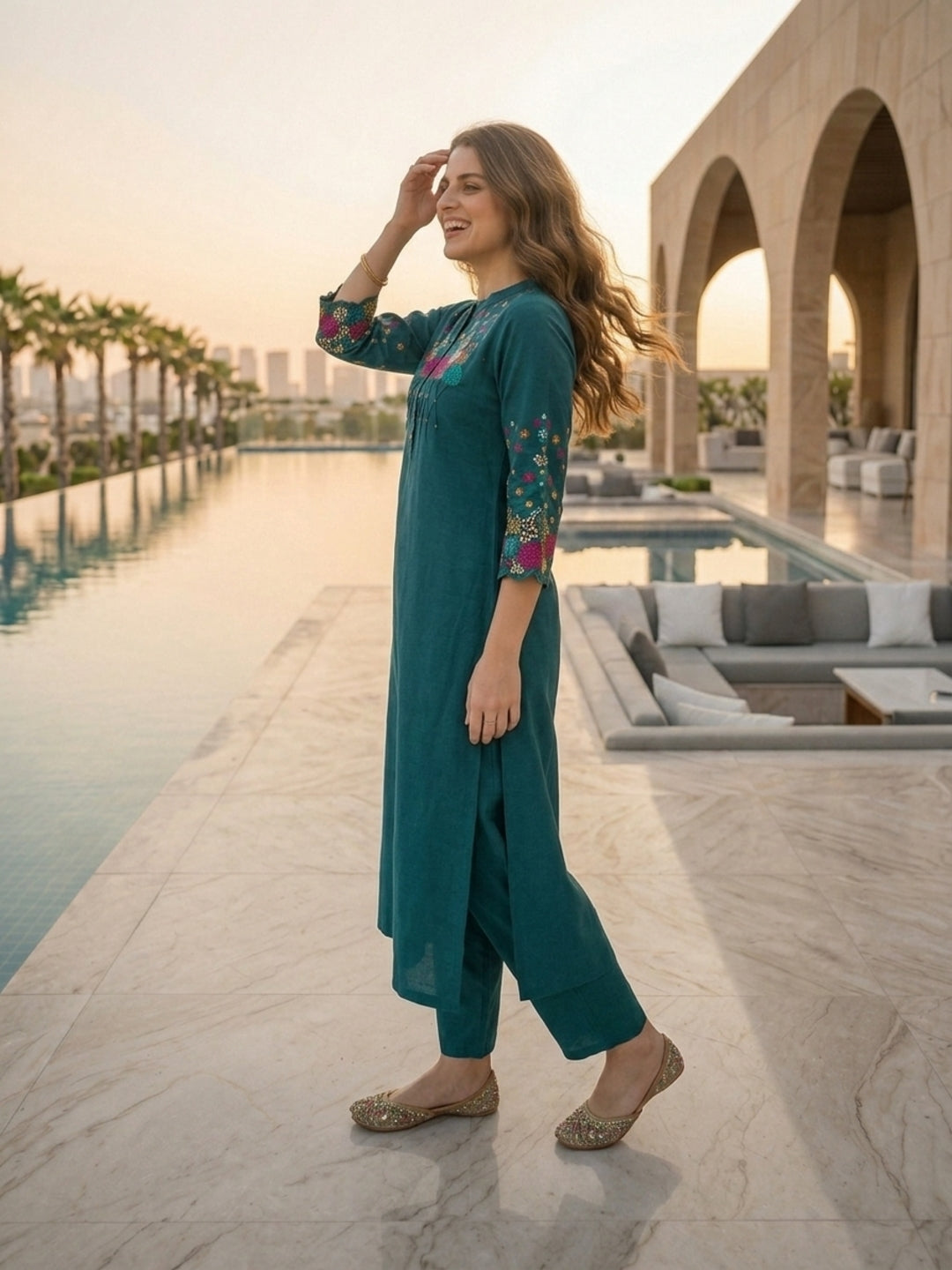 Solid Floral Embroidered A-Line Kurta with Palazzo - Teal Blue