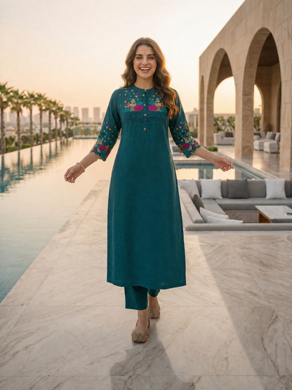 Solid Floral Embroidered A-Line Kurta with Palazzo - Teal Blue