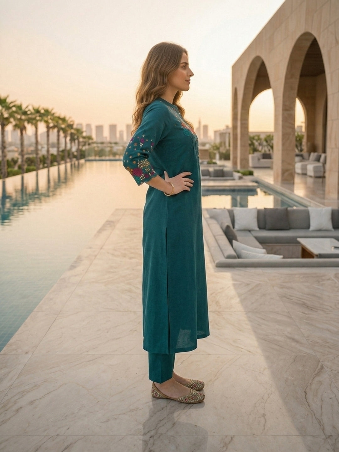 Solid Floral Embroidered A-Line Kurta with Palazzo - Teal Blue