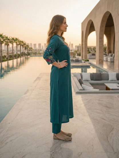 Solid Floral Embroidered A-Line Kurta with Palazzo - Teal Blue
