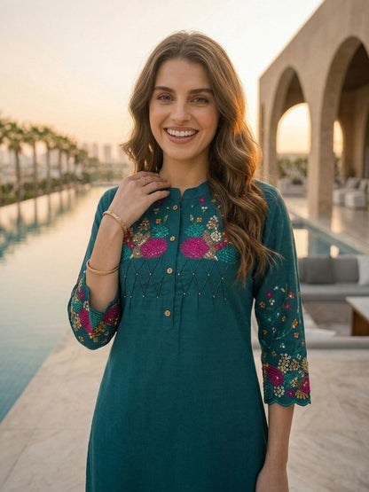 Solid Floral Embroidered A-Line Kurta with Palazzo - Teal Blue